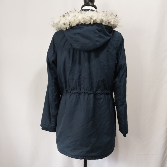 Tiffosi Navy Blue Hooded White Faux Fur Zip Up Button Down Long Sleeve Jacket M - Picture 10 of 15
